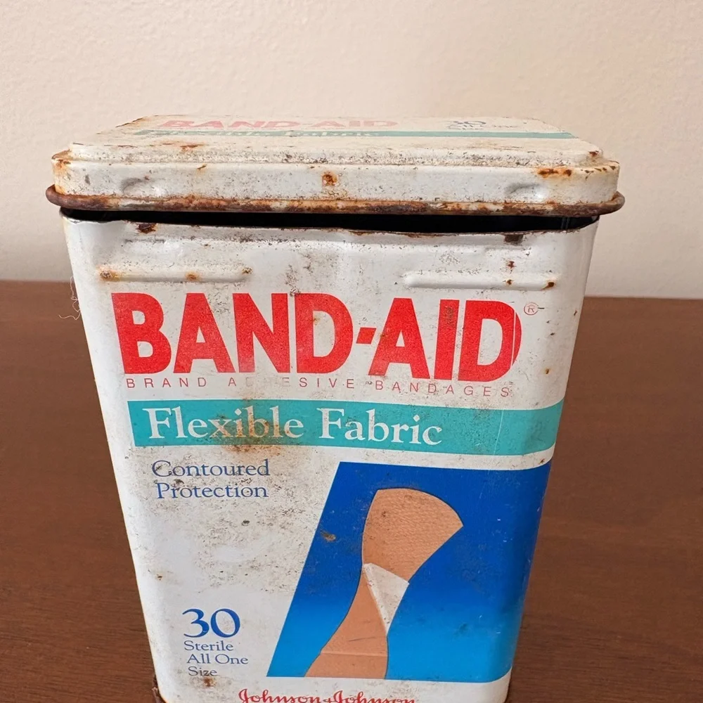 Vintage Metal Band-Aid Container - Flexible Fabric Adhesive Bandages - Beige